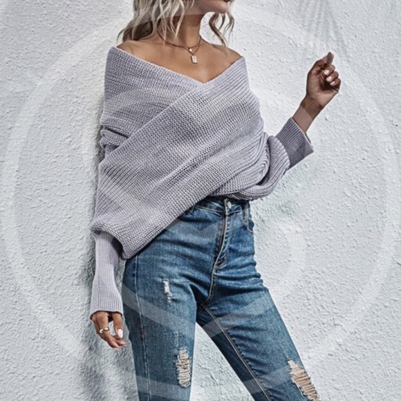 off shoulder knit wrap sweater fall autumn- GREY - Picture 14 of 14